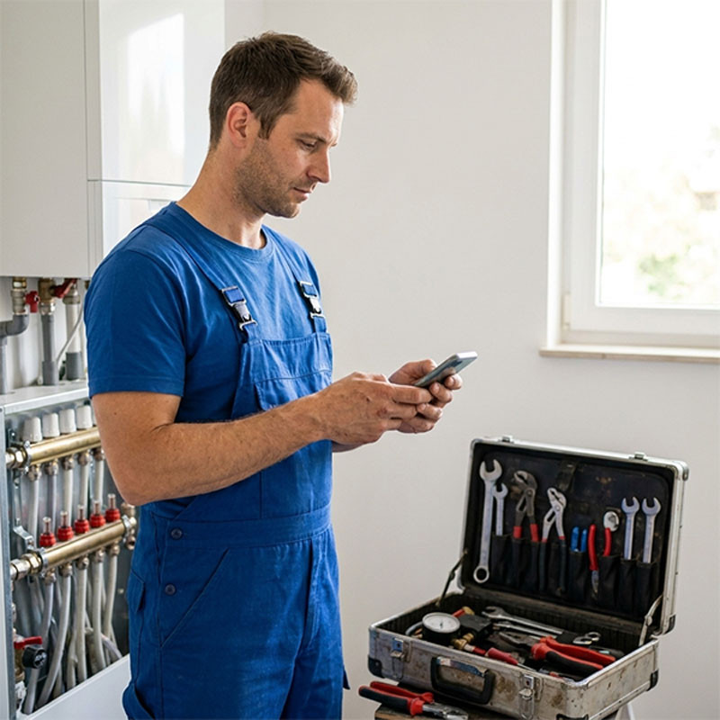 SHK-Techniker prüft einen digitalen Kundeneinsatz neben seinem Werkzeugkoffer