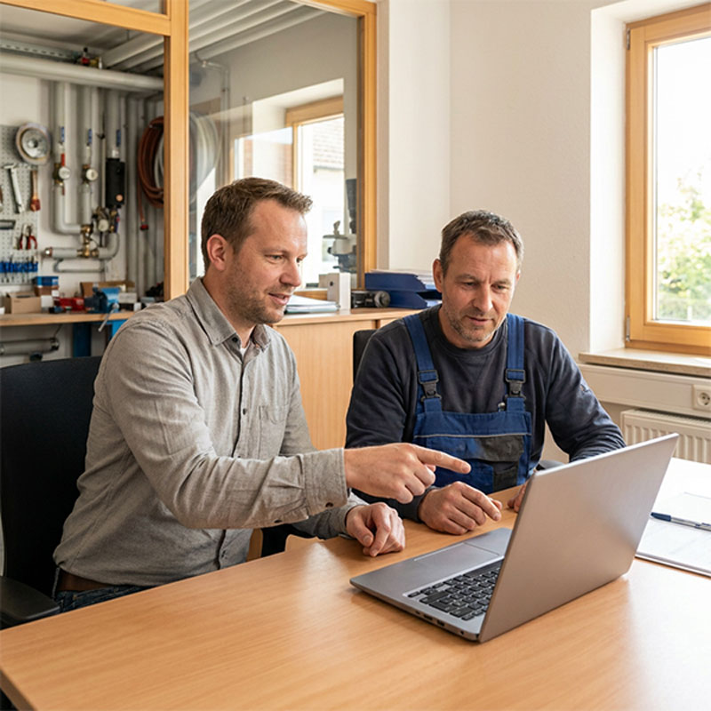 MOSER-Mitarbeiter bespricht eine Softwarefrage mit einem Handwerker am Laptop