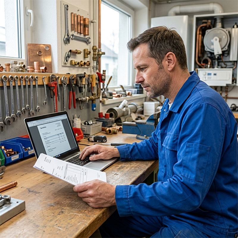 SHK-Handwerker prüft ein Angebot am Laptop in einer Werkstatt