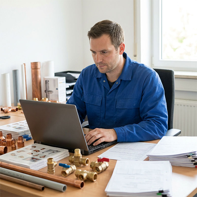 SHK-Mitarbeiter arbeitet am Laptop mit Materialproben und technischen Unterlagen